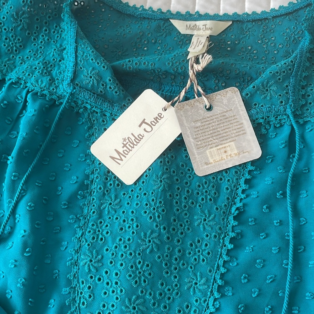 Matilda Jane NWT Women's Medium Shirt Top Teal Blue/Green Sheer Swiss Dot Size M - Picture 10 of 10
